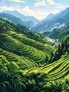 水稻梯田插画