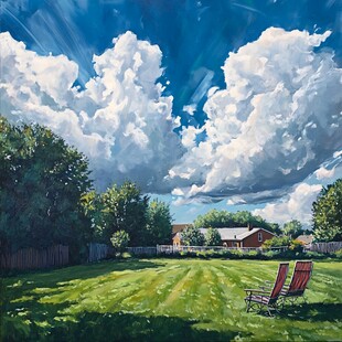 蓝天白云绿草油画