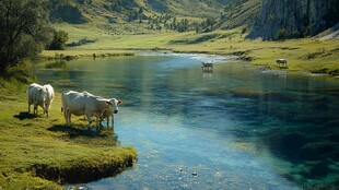 河岸牧牛全景图