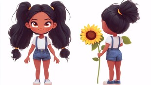 手绘采向日葵的小女孩