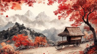 红叶古风山水画