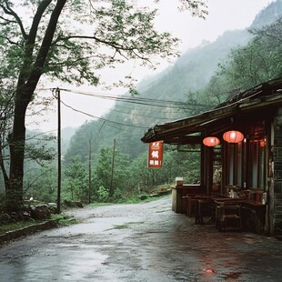 雨中的农家乐饭店