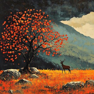 山峰山水画油画梅花鹿