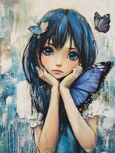 蓝色系女孩手绘