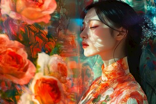 采玫瑰的旗袍少女