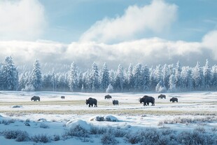 积雪覆盖森林草原马群