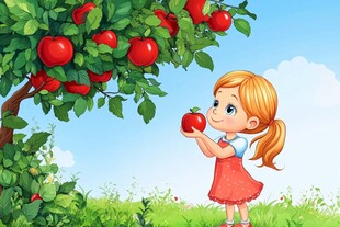 小女孩摘苹果插画