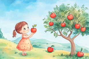小女孩摘苹果插画