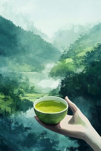 山水画茶树茶杯茶园