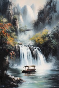 山水风景油画瀑布