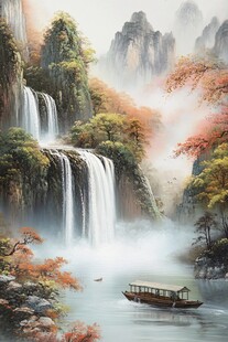 山水风景油画瀑布