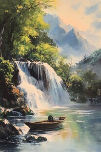 山水风景油画瀑布