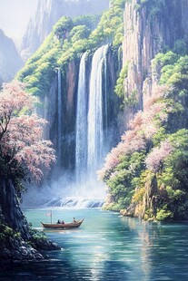 山水风景油画瀑布