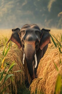 大象水稻稻田插画