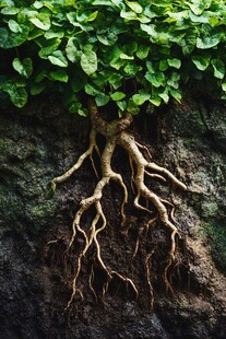 小树根石墙上的树根