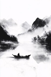 黑白中式水墨山水画芯