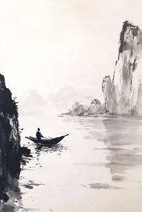 轻舟已过万重山水墨画