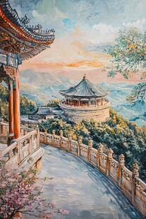 古风亭台楼阁油画