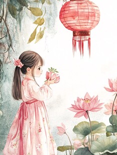 手绘荷花女孩