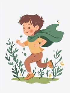 草地奔跑的少年插画