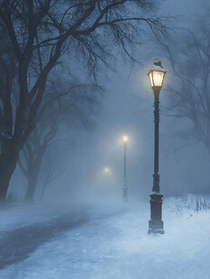 雪中幽暗的街灯