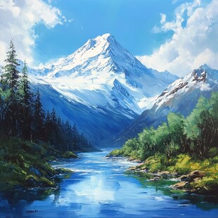 雪山河流油画