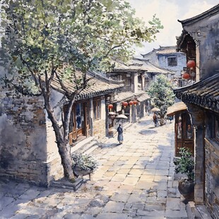 油画古街巷