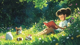 坐在草地上看书的女孩