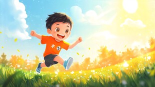 草地奔跑的少年插画