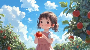 小女孩摘苹果插画