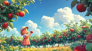 小女孩摘苹果插画