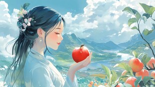 苹果水果插画女孩