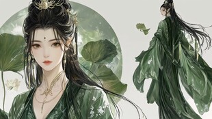 荷叶汉服女生插画