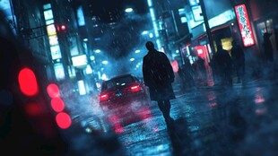 夜晚雨中行走的人