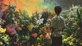 花丛中的男生背影