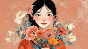 女孩捧花微笑插画