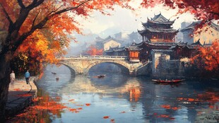 江南古镇油画效果