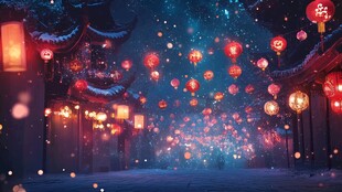 飘雪雪花雪景灯笼