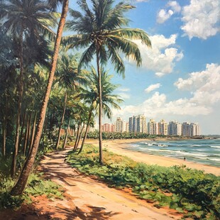 海滨小城油画