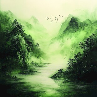 绿色山水壁画装饰