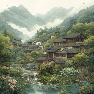 装饰画无框画山脚民居