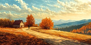 唯美秋天风景油画