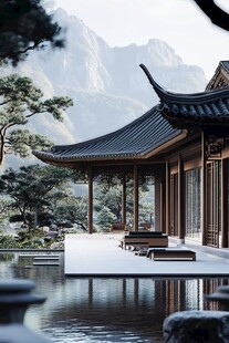 新中式楼阁山水