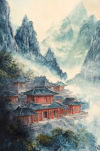 古风亭台楼阁油画