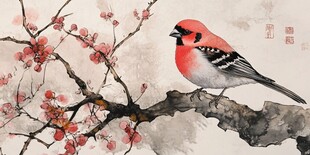 新中式手绘红色花鸟