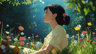 花丛里坐着的女孩