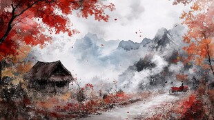 红叶古风山水画