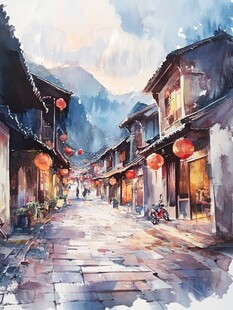古街水彩画