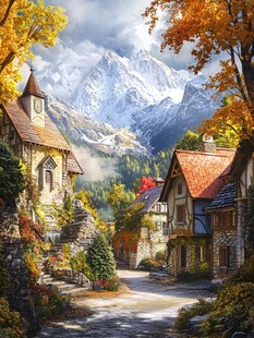 唯美秋天风景油画