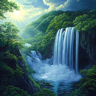 山水风景油画瀑布